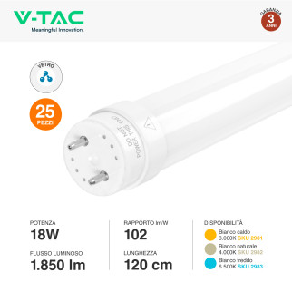 VT-1221 25 Tubi LED T8 G13 18W SMD 120cm in Vetro V-Tac