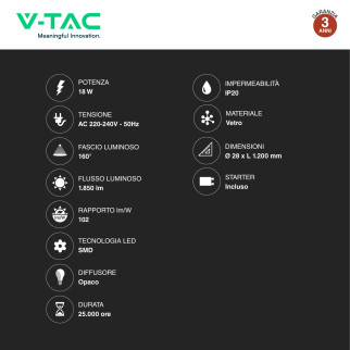 VT-1221 25 Tubi LED T8 G13 18W SMD 120cm in Vetro V-Tac
