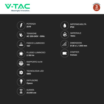 VT-1575 25 Tubi LED T8 G13 20W SMD 150cm in Vetro V-Tac