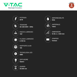 VT-1575 25 Tubi LED T8 G13 20W SMD 150cm in Vetro V-Tac