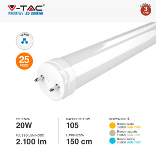 VT-1575 25 Tubi LED T8 G13 20W SMD 150cm in Vetro V-Tac
