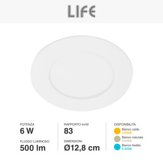 Mini Pannello LED Rotondo Ultra Slim 6W SMD da Incasso Life