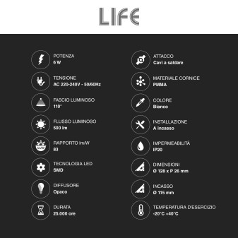 Mini Pannello LED Rotondo Ultra Slim 6W SMD da Incasso Life