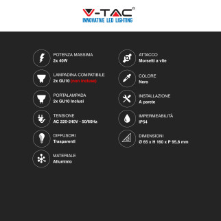 Porta Lampada da Muro per GU10 Applique IP54 V-Tac VT-11015