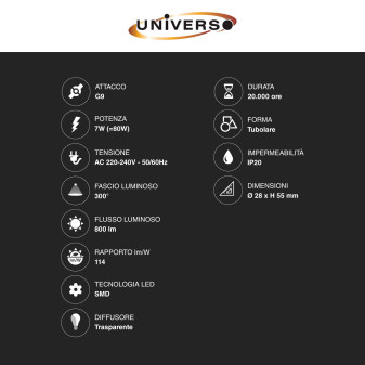 Lampadina LED G9 7W Tubolare SMD Universo