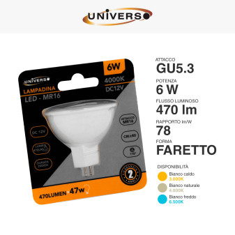 Faretto LED GU5.3 (MR16) 6W Spotlight SMD 12V Universo