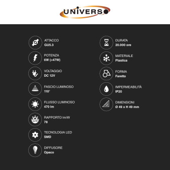 Faretto LED GU5.3 (MR16) 6W Spotlight SMD 12V Universo