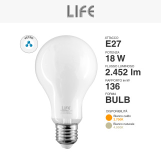 Acquista Life Lampadina LED E27 Filament 18W Bulb A70 Milky