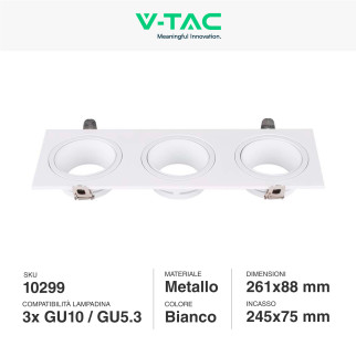 Portafaretto Triplo GU10 GU5.3 (MR16) Bianco Orientabile V-Tac VT-441