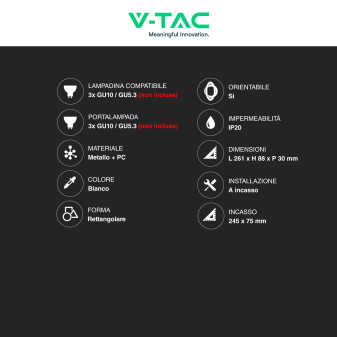 Portafaretto Triplo GU10 GU5.3 (MR16) Bianco Orientabile V-Tac VT-441