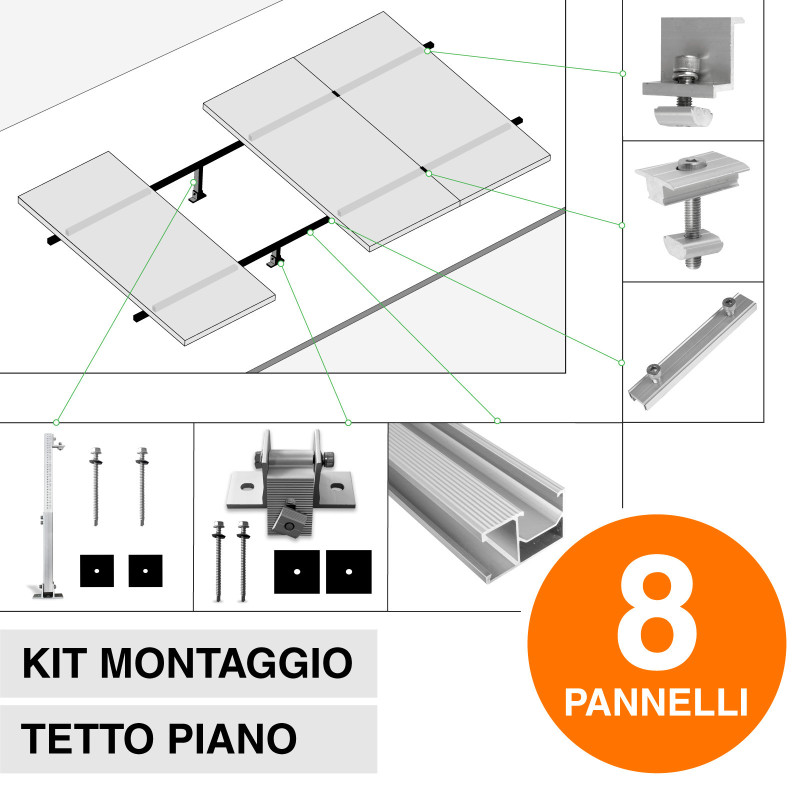 Kit Struttura per Montaggio di 8 Pannelli Solari su Tetto Piano