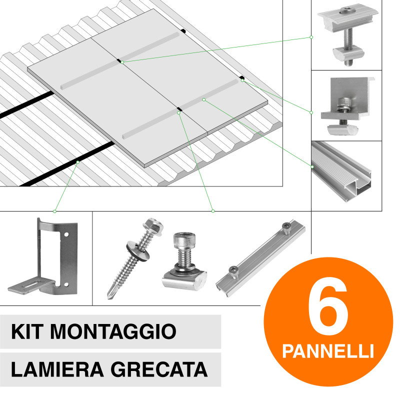 Kit Struttura per Montaggio di 6 Pannelli Solari Lamiera Grecata