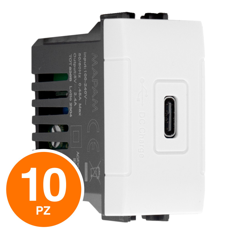 MAPAM Presa USB C T1-Art 836B Bianco - Confezione 10pz - mod. 836B - Compatibile con BTicino LIVING