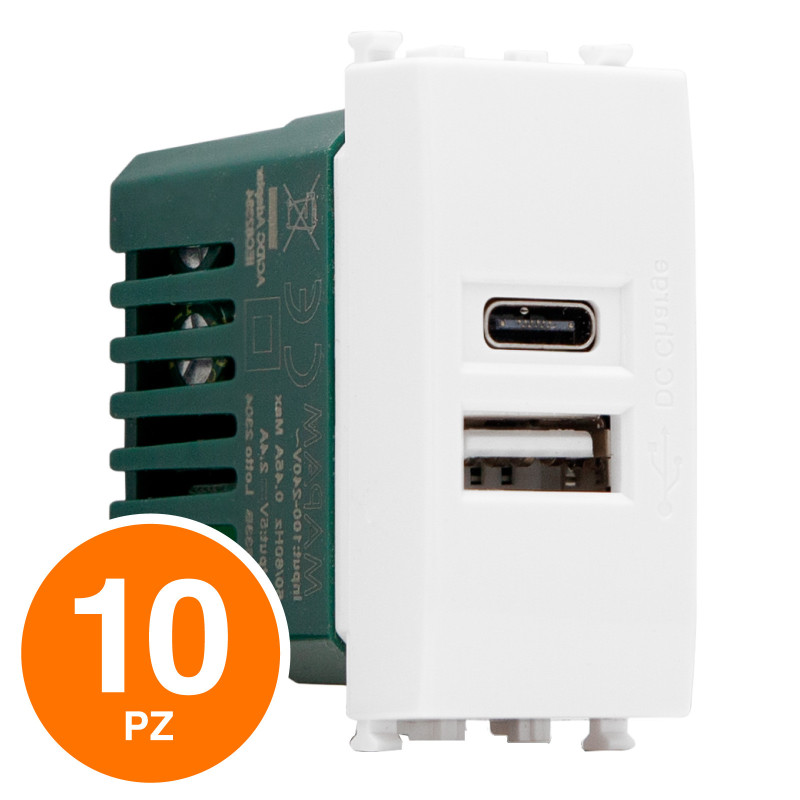 MAPAM Presa USB A+C T2-Gem 633B Bianco - Confezione 10pz - mod. 633B - Compatibile con Vimar PLANA