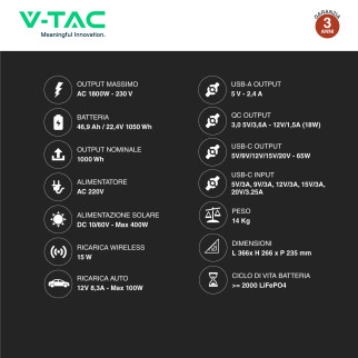 VT-1001 Accumulatore Portatile LiFePO4 1050Wh 1000W V-Tac