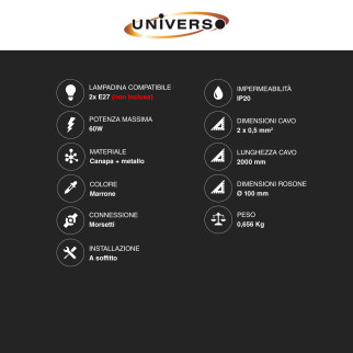 Universo Lampadario Sospensione 2 Portalampada E27 in Corda mod. E27-M2