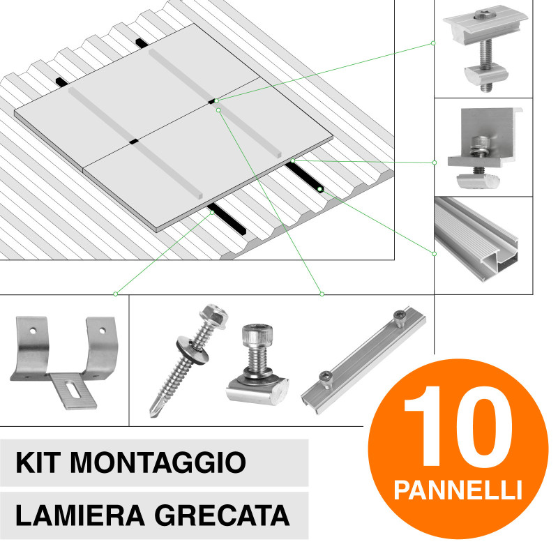 Kit Struttura Montaggio 10 Pannelli Solari Lamiera Grecata