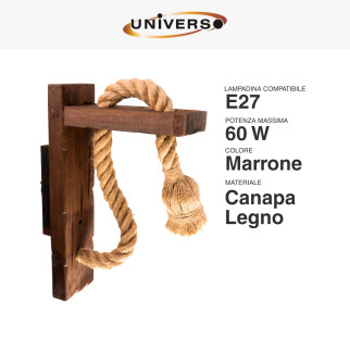 Universo Portalampada da Parete E27 Applique in Legno e Canapa mod. E70