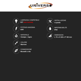 Universo Portalampada da Parete E27 Applique in Legno e Canapa mod. E70