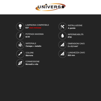 Universo Portalampada da Parete E27 Applique in Metallo e Canapa mod. E29