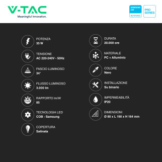 VT-11035 Faretto LED da Binario 35W Track Light COB Samsung V-Tac Pro