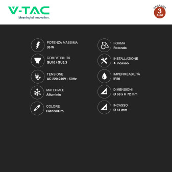 Portafaretto Rotondo GU10 e GU5.3 (MR16) Bianco V-Tac VT-974