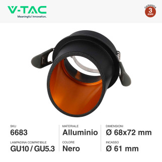 Portafaretto Rotondo GU10 e GU5.3 (MR16) Nero V-Tac VT-974