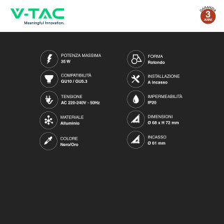 Portafaretto Rotondo GU10 e GU5.3 (MR16) Nero V-Tac VT-974