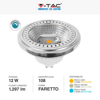 VT-1112D Faretto LED GU10 12W AR111 COB CRI≥90 Dimmerabile V-Tac