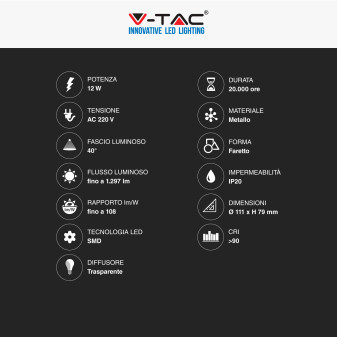 VT-1112D Faretto LED GU10 12W AR111 COB CRI≥90 Dimmerabile V-Tac