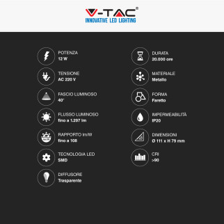 VT-1112D Faretto LED GU10 12W AR111 COB CRI≥90 Dimmerabile V-Tac