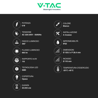 VT-61006 Mini Pannello LED Rotondo Slim 6W SMD da Incasso V-Tac