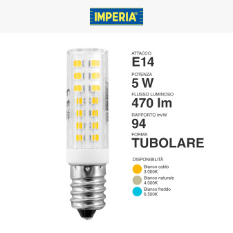 Lampadina LED E14 5W Tubolare T16 SMD Trasparente Imperia
