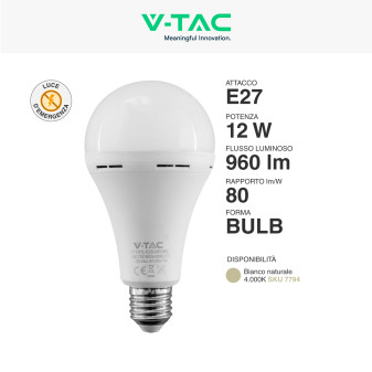 VT-51012 Lampadina LED E27 12W SMD Luce di Emergenza V-Tac