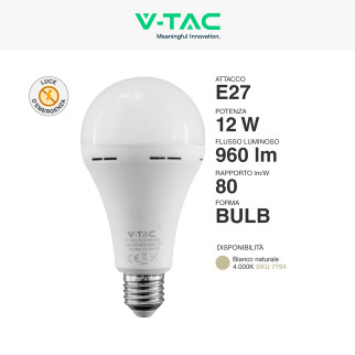 VT-51012 Lampadina LED E27 12W SMD Luce di Emergenza V-Tac