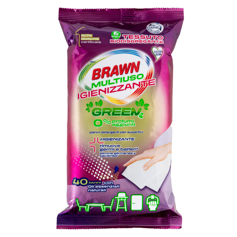 40 Panni Multiuso Umidificati per Superfici Brawn Igienizzanti Green