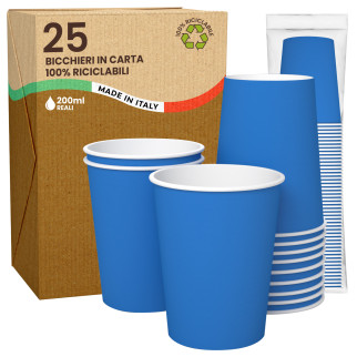 25 Bicchieri in Carta Biodegradabile Blu da 200ml
