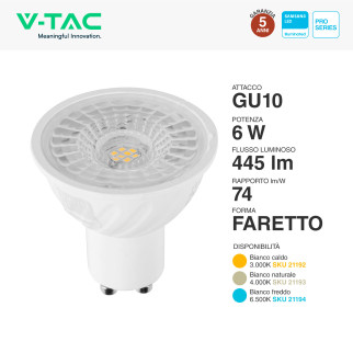 VT-247 Faretto LED GU10 6W Spotlight SMD Chip Samsung V-Tac Pro