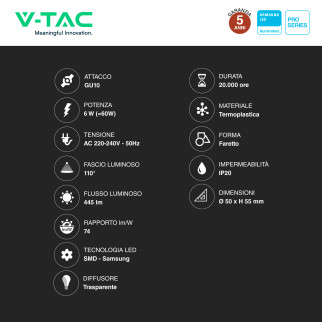 VT-247 Faretto LED GU10 6W Spotlight SMD Chip Samsung V-Tac Pro