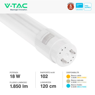 VT-121 Tubo LED SMD Nano Plastic T8 G13 18W 120cm V-Tac Pro