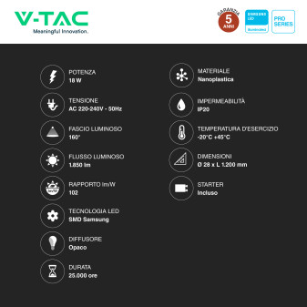 VT-121 Tubo LED SMD Nano Plastic T8 G13 18W 120cm V-Tac Pro