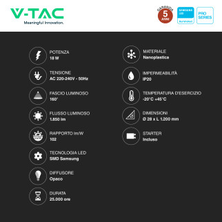 VT-121 Tubo LED SMD Nano Plastic T8 G13 18W 120cm V-Tac Pro