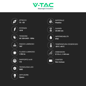 VT-1225 Tubo LED T5 G5 16W SMD 120cm in Plastica V-Tac