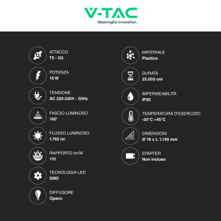 VT-1225 Tubo LED T5 G5 16W SMD 120cm in Plastica V-Tac