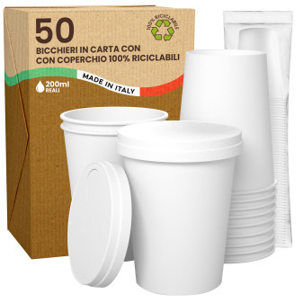 50 Bicchieri in Carta Riciclabile Bianco da 200ml e Coperchi