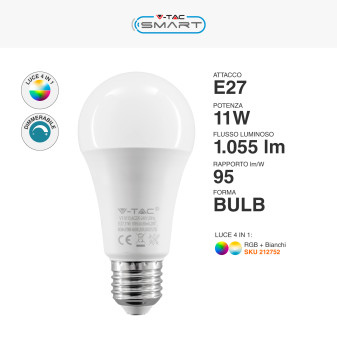 VT-5113 Lampadina LED E27 11W Bulb A60 RGB CCT V-Tac Smart