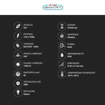 VT-5113 Lampadina LED E27 11W Bulb A60 RGB CCT V-Tac Smart