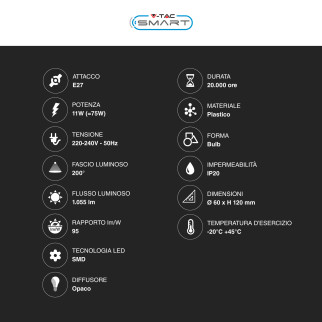 VT-5113 Lampadina LED E27 11W Bulb A60 RGB CCT V-Tac Smart