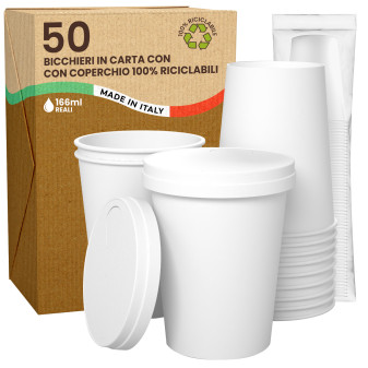 50 Bicchieri in Carta Riciclabile Bianco da 166ml con Coperchi