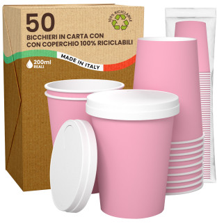 50 Bicchieri in Carta Riciclabile Rosa da 200ml con Coperchi
